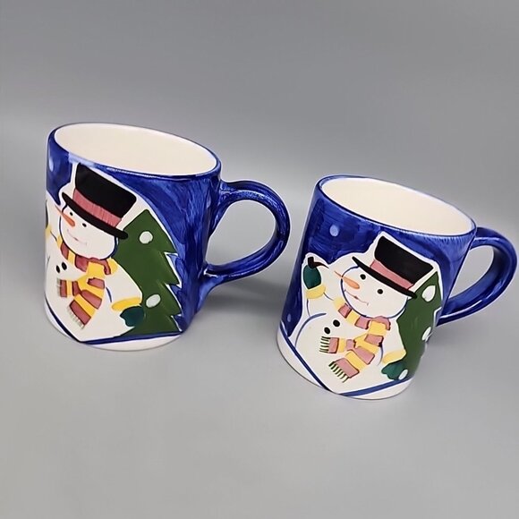 Set of 2 Christmas Winter Ceramic Coffee Mugs Snowman Tree 4 in x 3.25 in - Picture 1 of 5